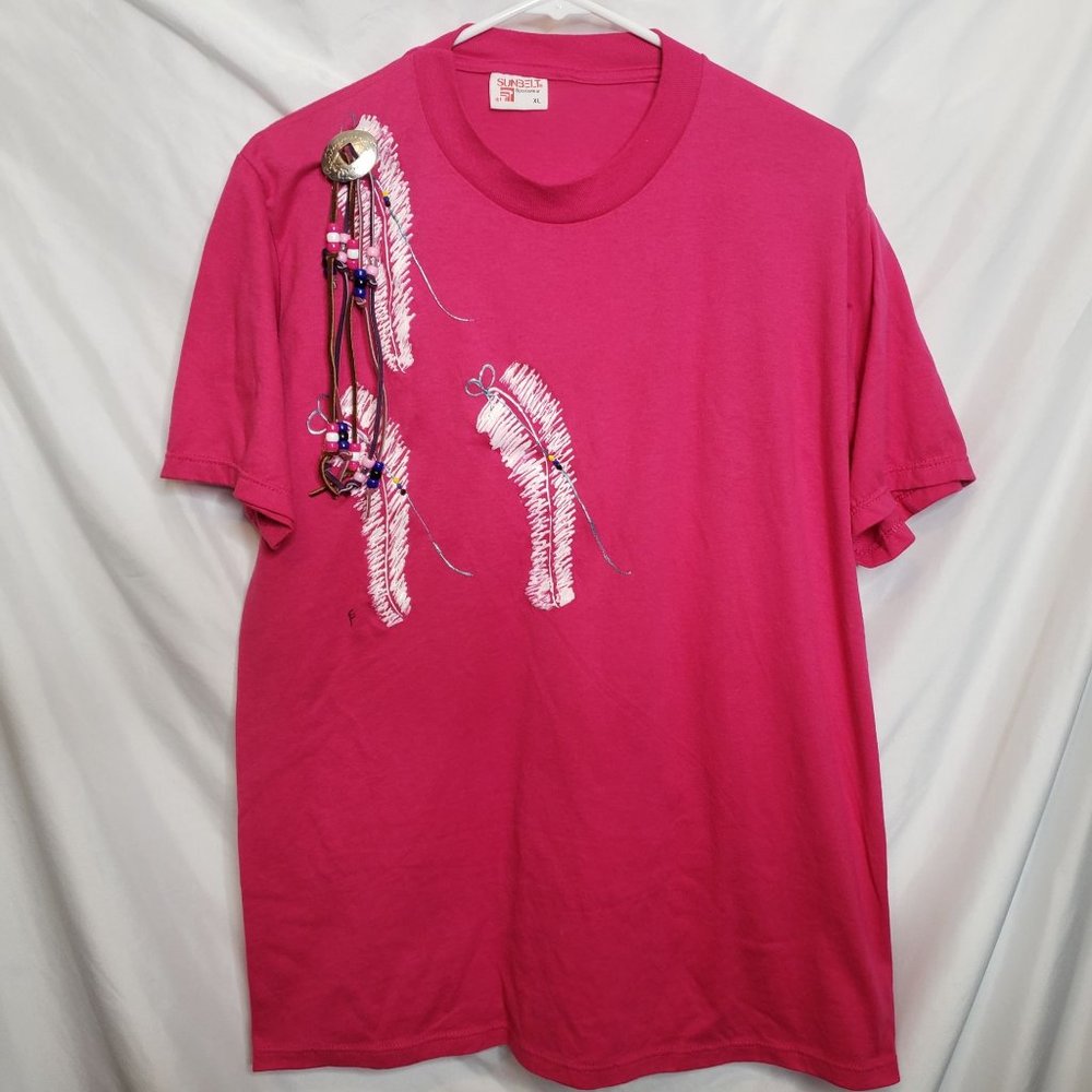 Vintage Sunbelt Sportswear Painted Tshirt White Feather Leaf Upcycled Western